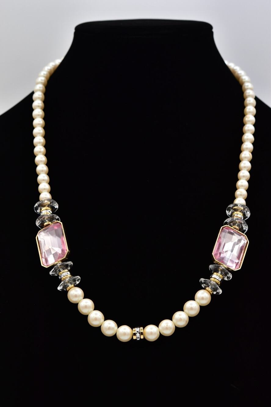 Vintage Japan Faux Pearl Pink Lucite Necklace Art Deco Beaded Statement Bin3A
